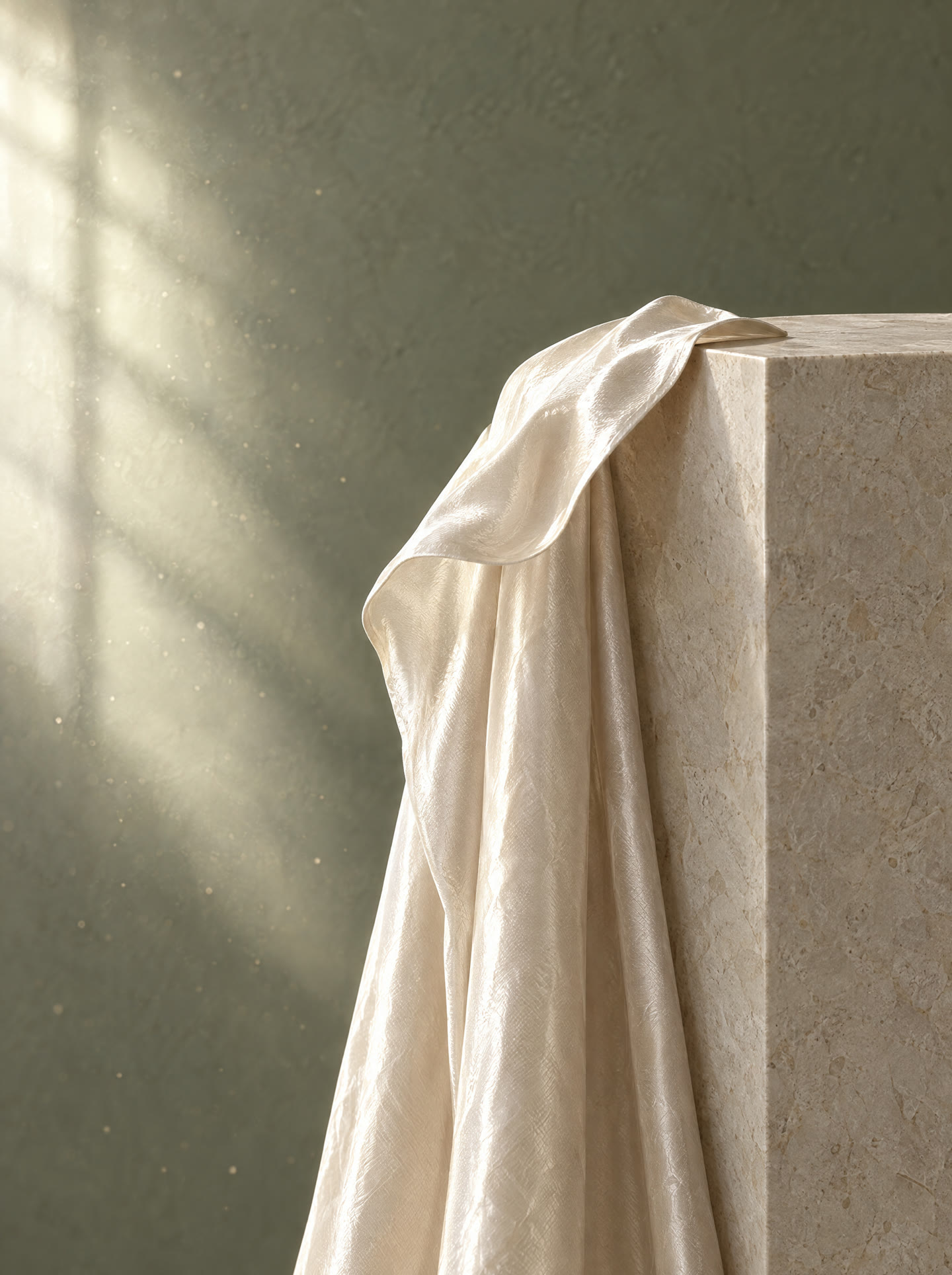 The corner of an oyster silk sheet lifting from a stone edge