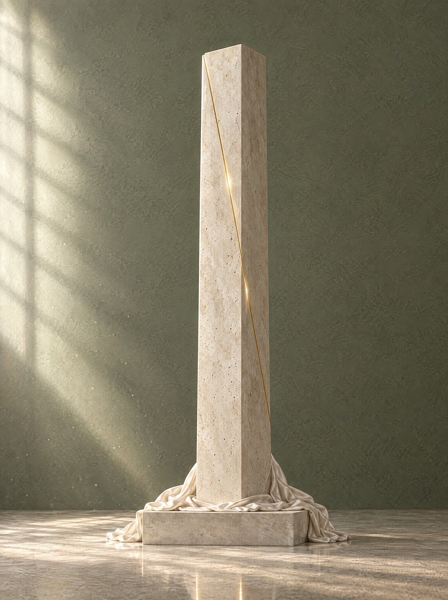A pale stone column fully revealed in warm window light